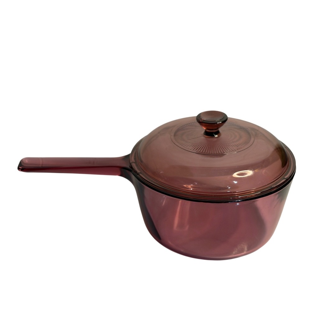 VTG Corning Ware Visions Cranberry Glass Saucepan 1.5L Ribbed Lid Cookware USA